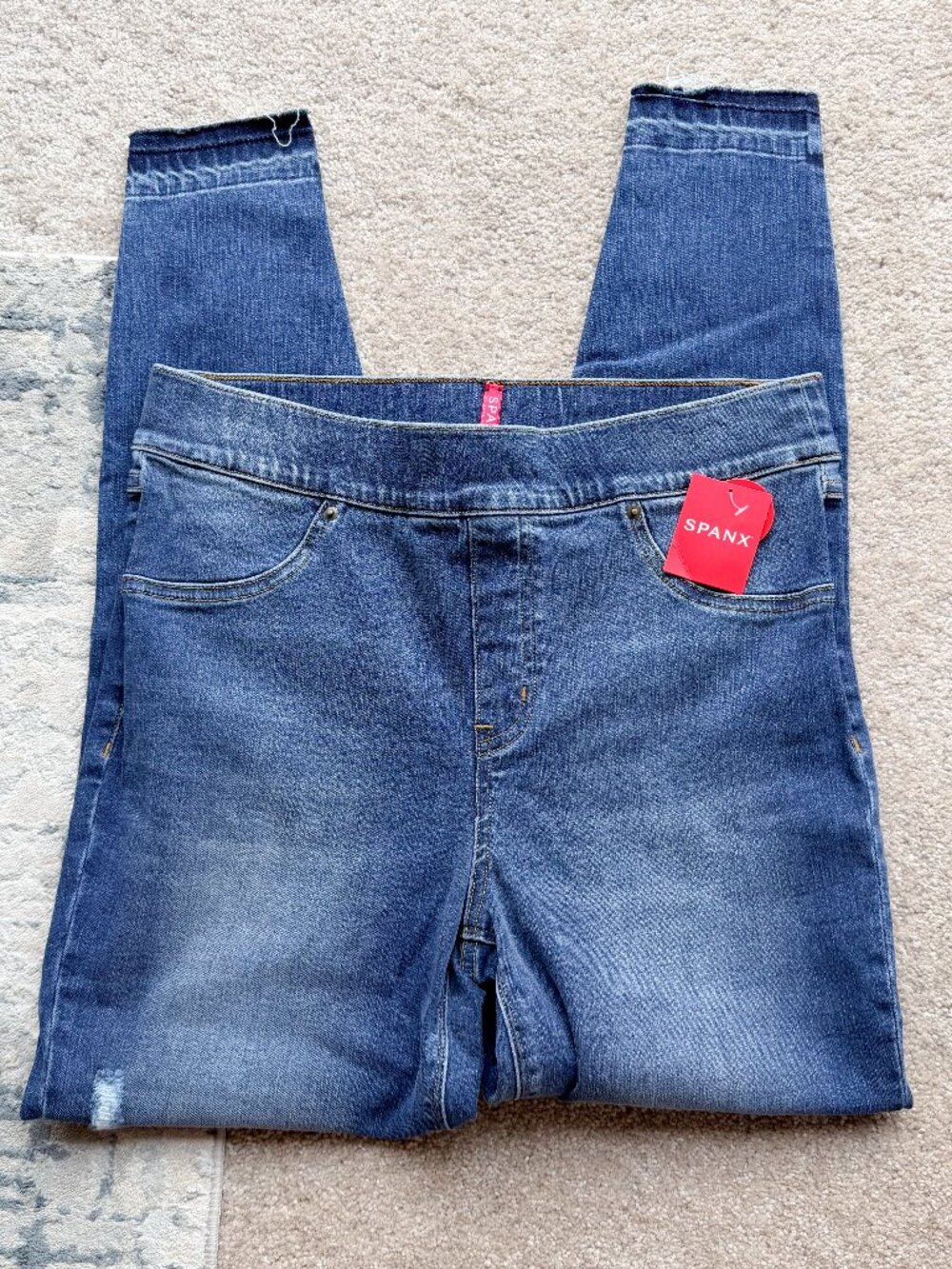 Spanx Distressed Blue Ankle Skinny Jean Medium Wash Stretch - Size Large
